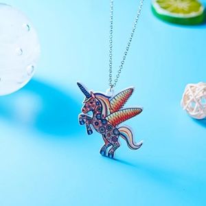 Colorful Acrylic Unicorn Pegasus Pendant w/ Chain
